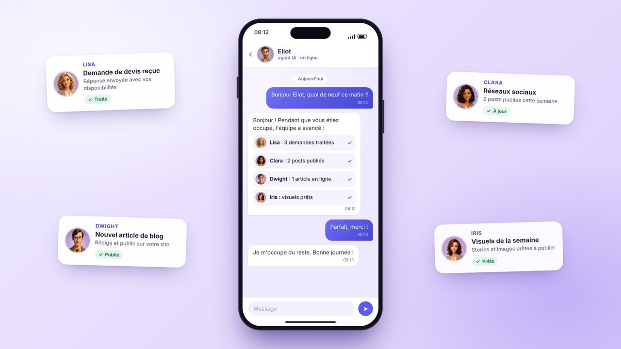 Eliot, agent IA, résume sur un téléphone le travail de l'équipe : Lisa, Clara, Dwight et Iris